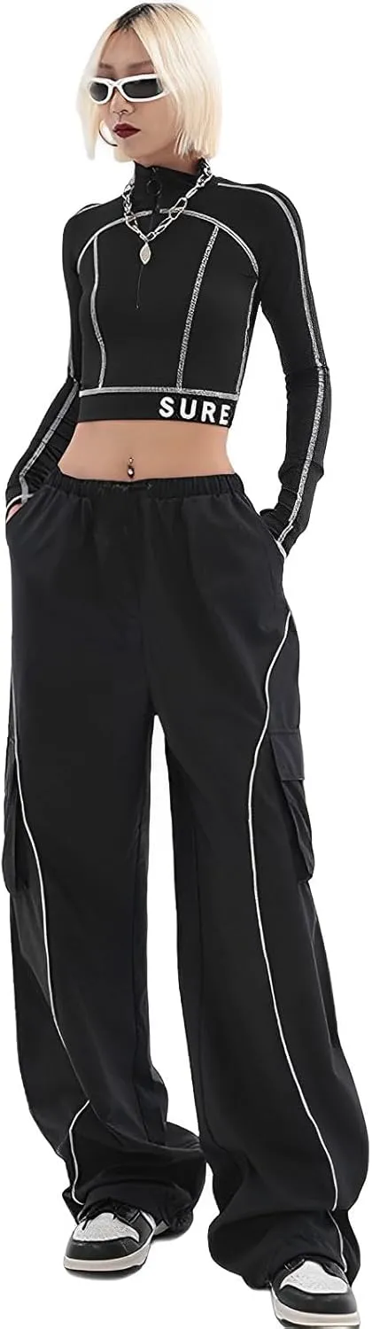 Baggy Cargo Pants for Women Elastic Waist Y2K Parachute Track Pants Trendy Casual Sports Wide Leg with Pockets