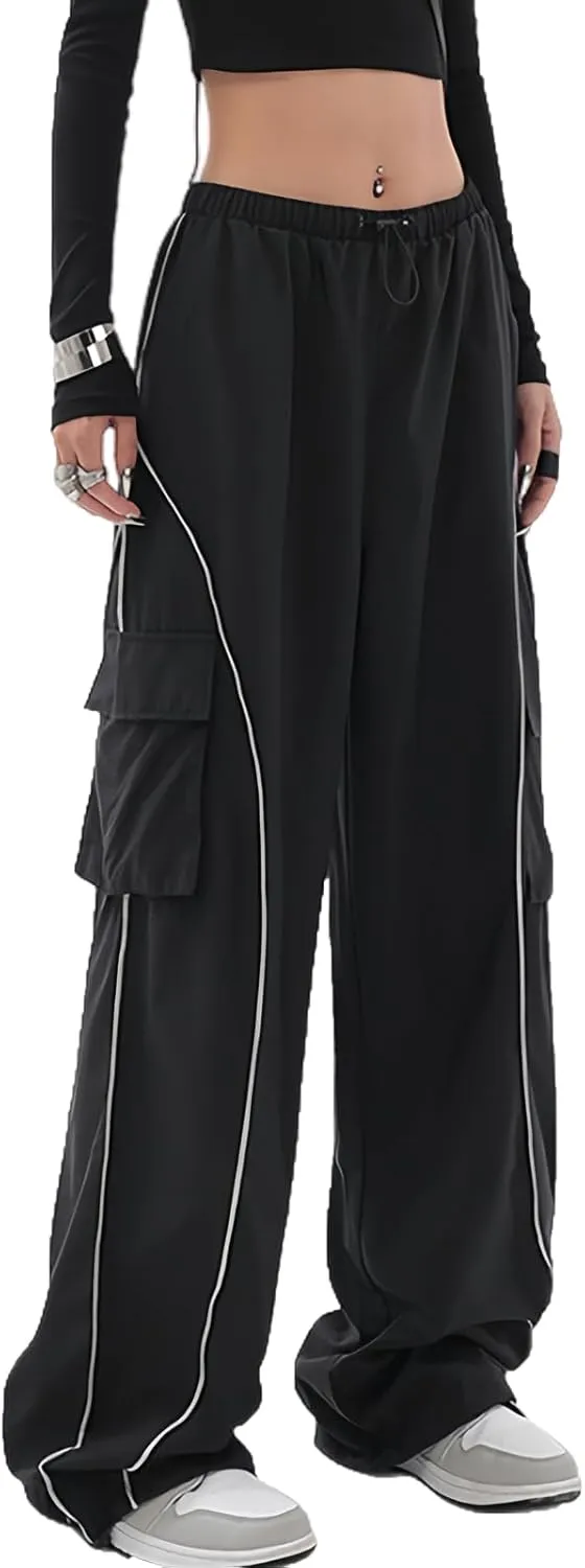 Baggy Cargo Pants for Women Elastic Waist Y2K Parachute Track Pants Trendy Casual Sports Wide Leg with Pockets