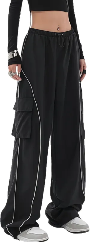 Baggy Cargo Pants for Women Elastic Waist Y2K Parachute Track Pants Trendy Casual Sports Wide Leg with Pockets