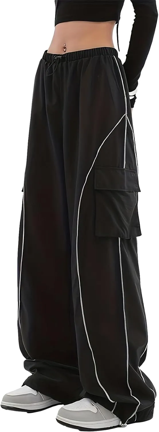 Baggy Cargo Pants for Women Elastic Waist Y2K Parachute Track Pants Trendy Casual Sports Wide Leg with Pockets