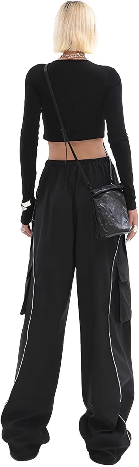 Baggy Cargo Pants for Women Elastic Waist Y2K Parachute Track Pants Trendy Casual Sports Wide Leg with Pockets