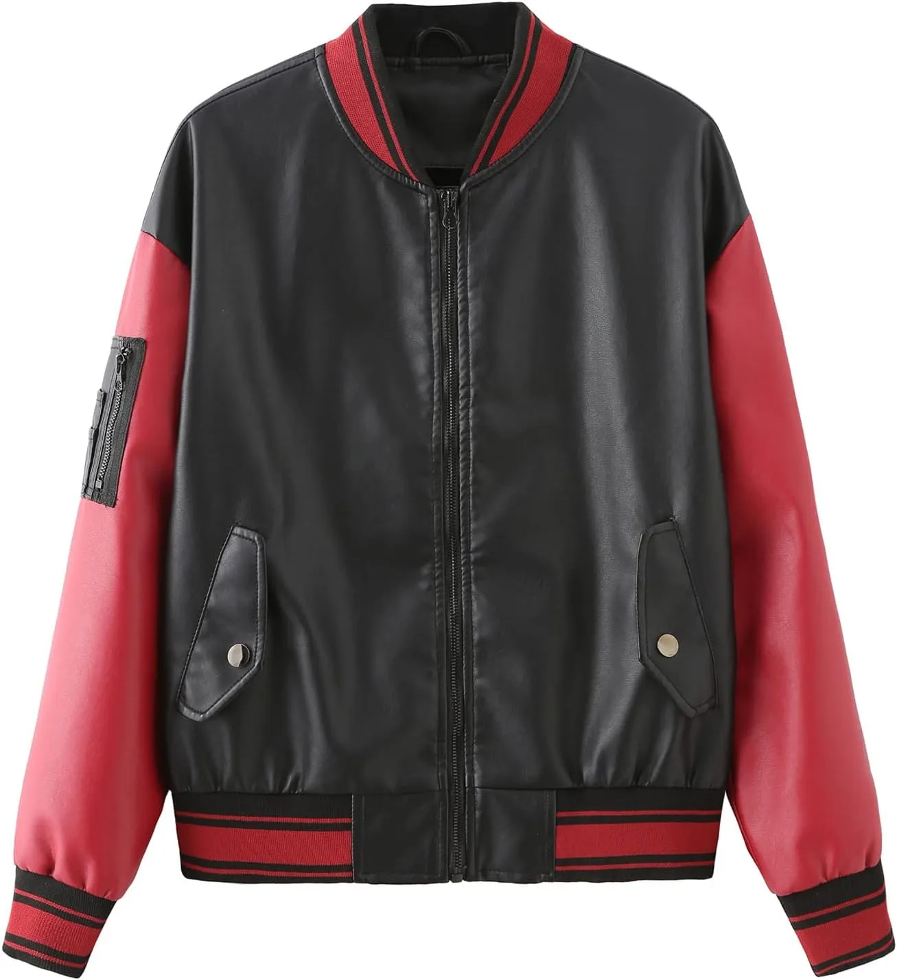 BAICAIYU Women's Baseball Leather Jacket Long Sleeve Zipper Campus Jacket Classic Patchwork Color Windproof Coat
