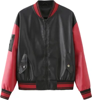 BAICAIYU Women's Baseball Leather Jacket Long Sleeve Zipper Campus Jacket Classic Patchwork Color Windproof Coat