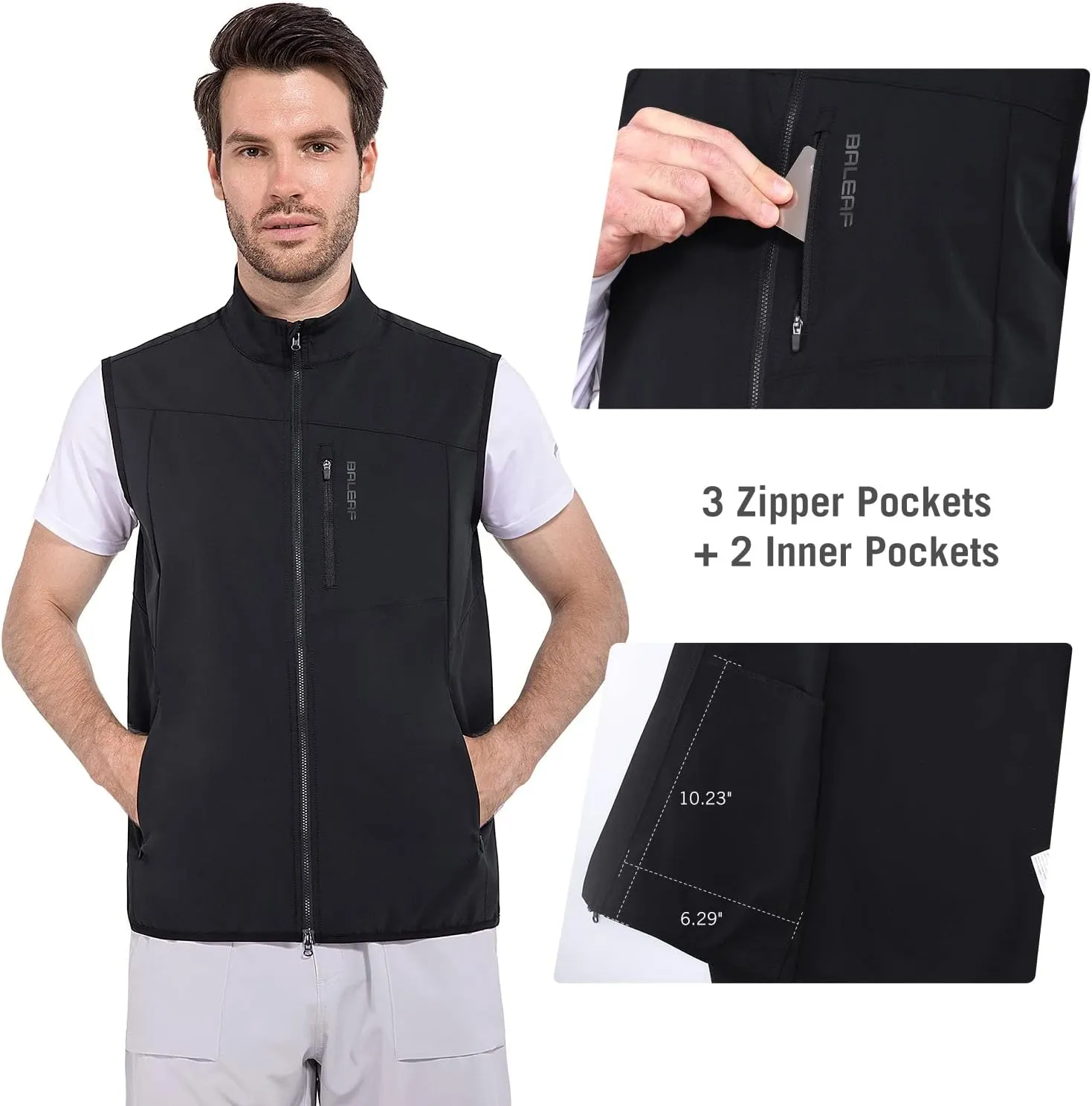 baleaf Men's Golf Vest Lightweight Sleeveless Running Stretch Breathable Running 5 Zip Pockets Windproof Hiking Outwear