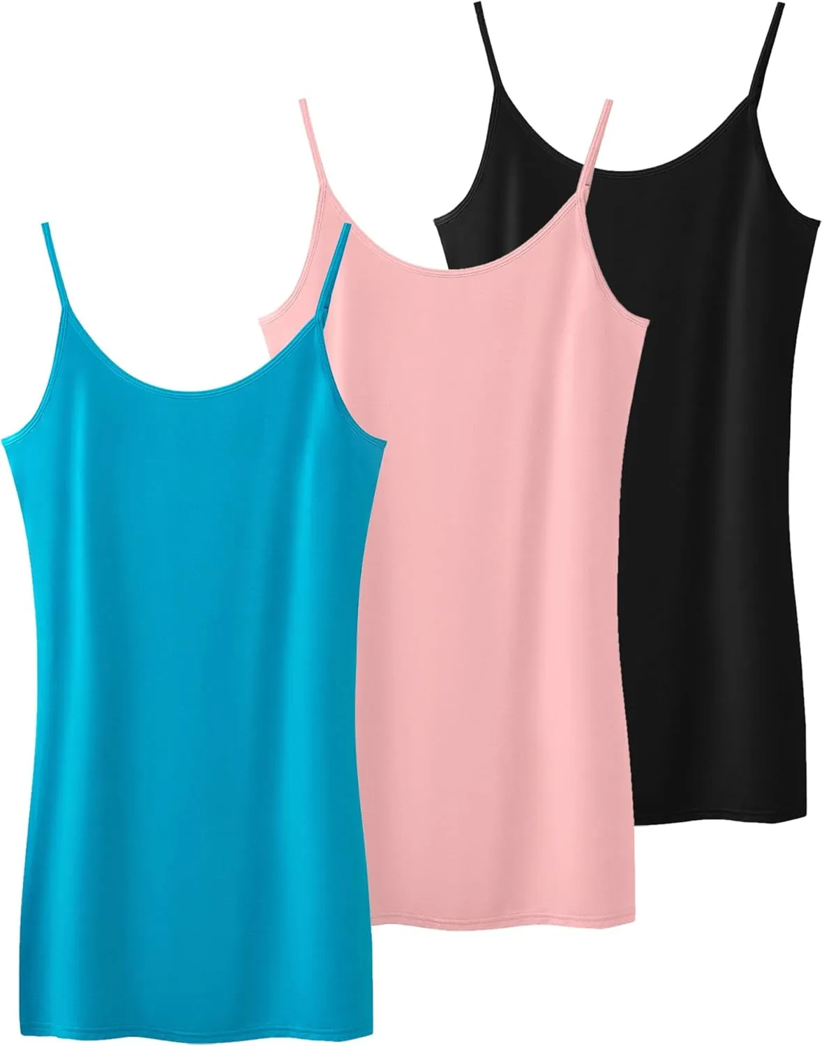 Basic Camisoles for Womens White Long Tank Tops Black with Adjustable Spaghetti Strap 3 Pack