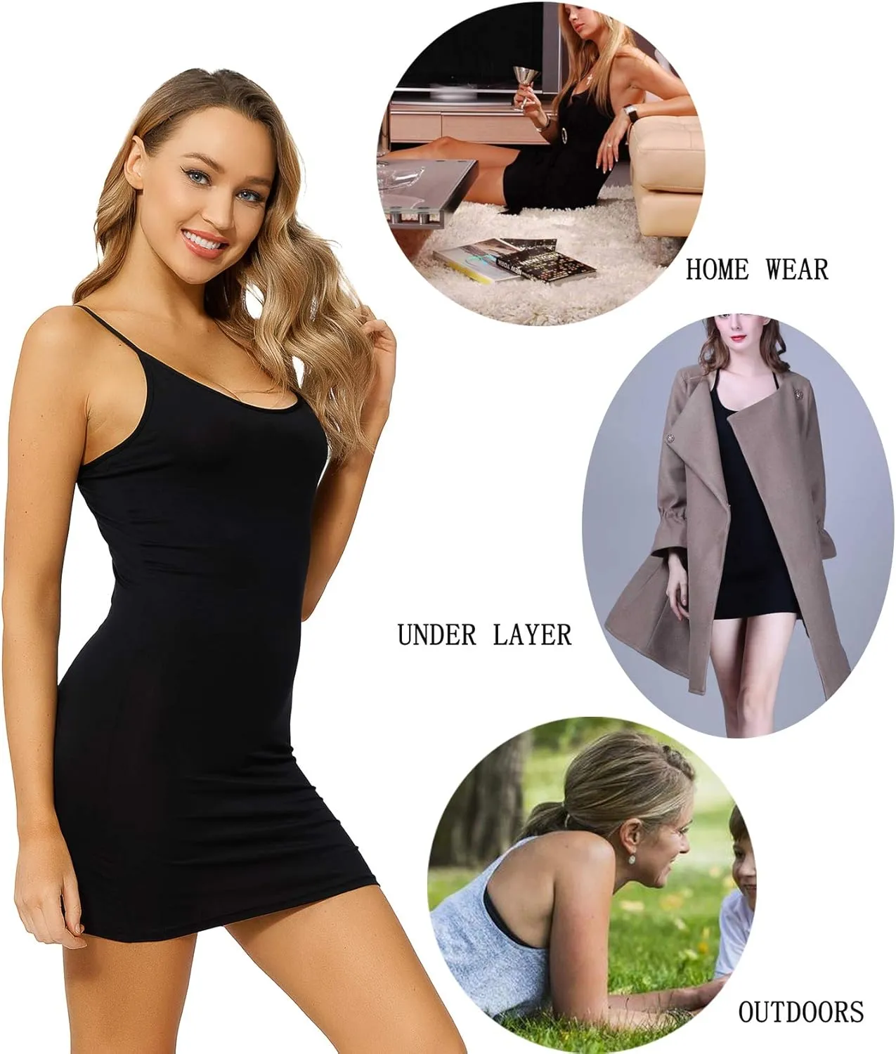 Basic Camisoles for Womens White Long Tank Tops Black with Adjustable Spaghetti Strap 3 Pack