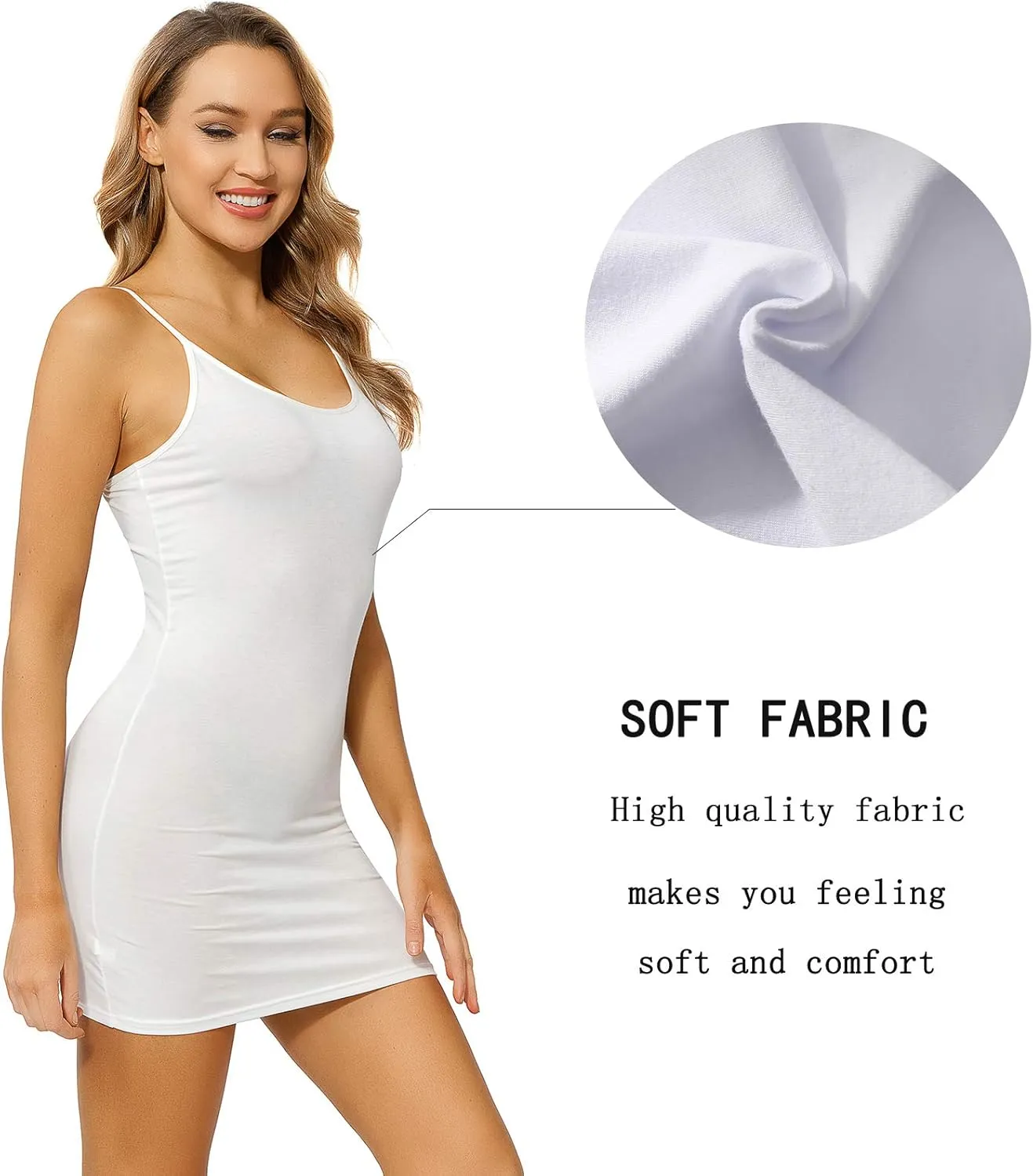 Basic Camisoles for Womens White Long Tank Tops Black with Adjustable Spaghetti Strap 3 Pack