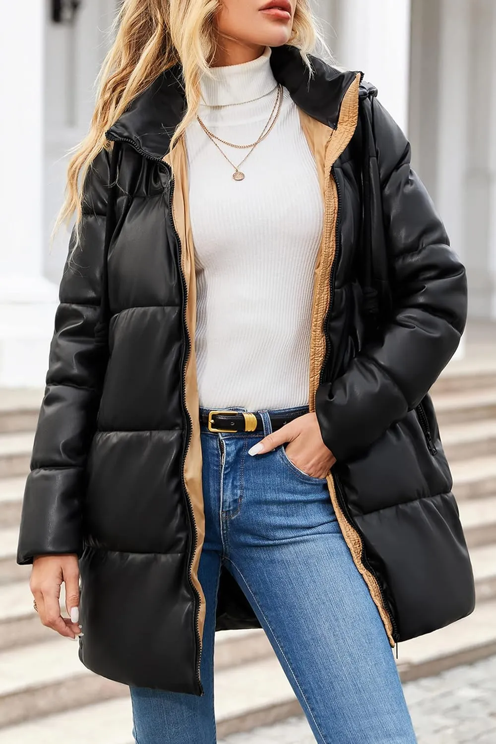 Bellivera Women Faux Leather Jacket Long Quilted Hood Puffer Winter Coat
