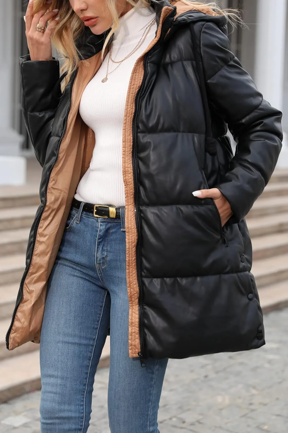 Bellivera Women Faux Leather Jacket Long Quilted Hood Puffer Winter Coat