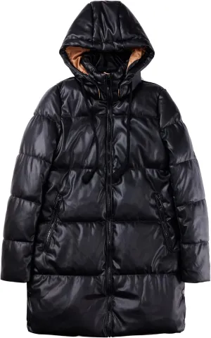 Bellivera Women Faux Leather Jacket Long Quilted Hood Puffer Winter Coat