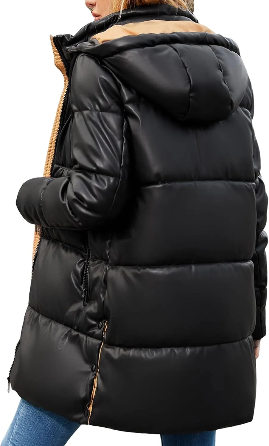 Bellivera Women Faux Leather Jacket Long Quilted Hood Puffer Winter Coat