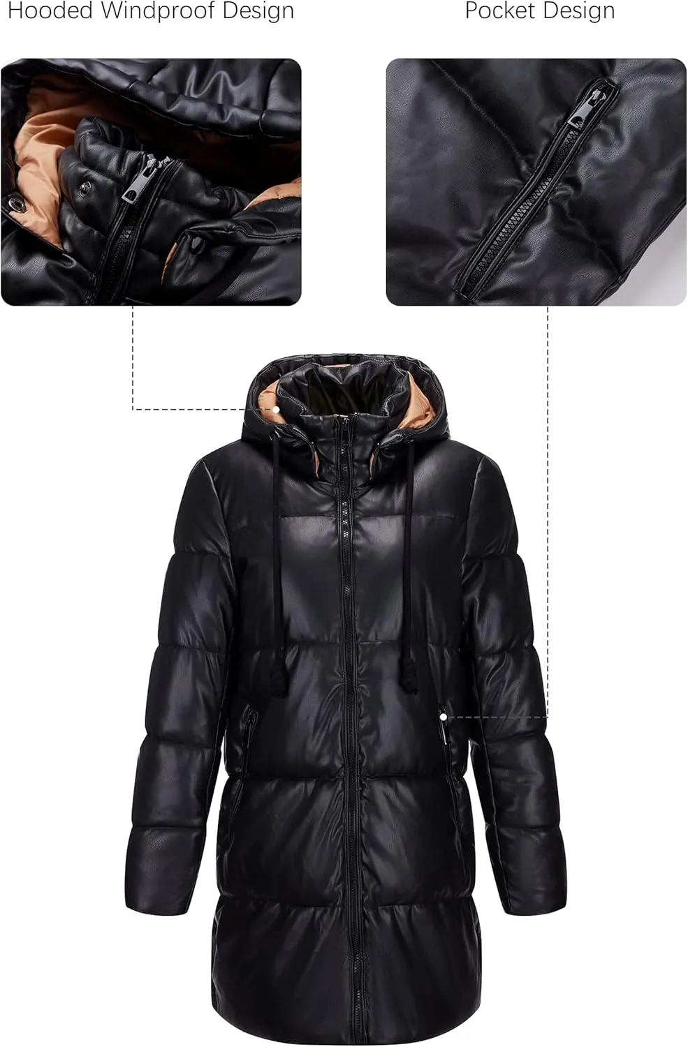 Bellivera Women Faux Leather Jacket Long Quilted Hood Puffer Winter Coat