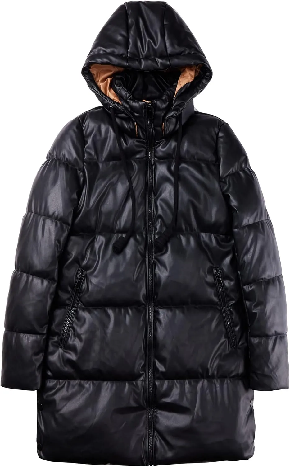 Bellivera Women Faux Leather Jacket Long Quilted Hood Puffer Winter Coat