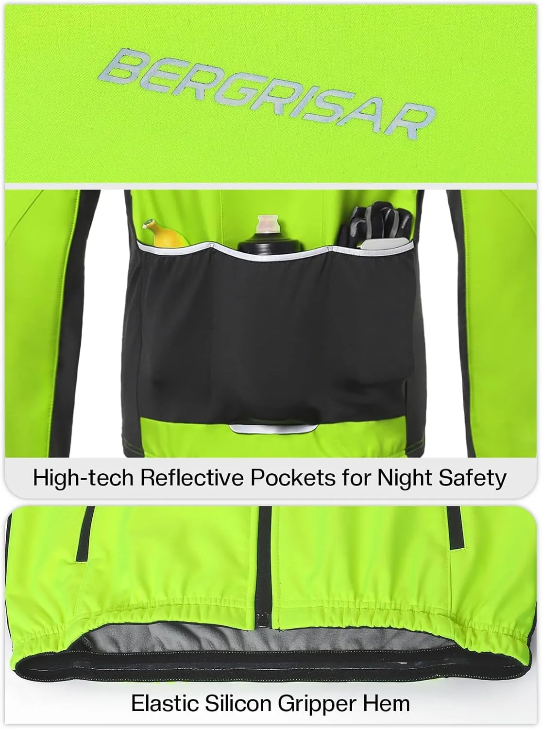 BERGRISAR Winter Cycling Jacket for Men with 6 Pockets Windproof Thermal Softshell Bike Jacket Running Windbreaker