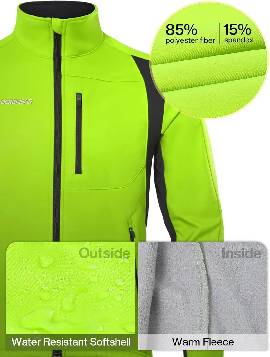 BERGRISAR Winter Cycling Jacket for Men with 6 Pockets Windproof Thermal Softshell Bike Jacket Running Windbreaker