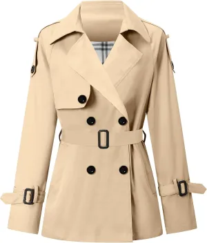Betusline Women's Double Breasted Short Trench Coat with Belt