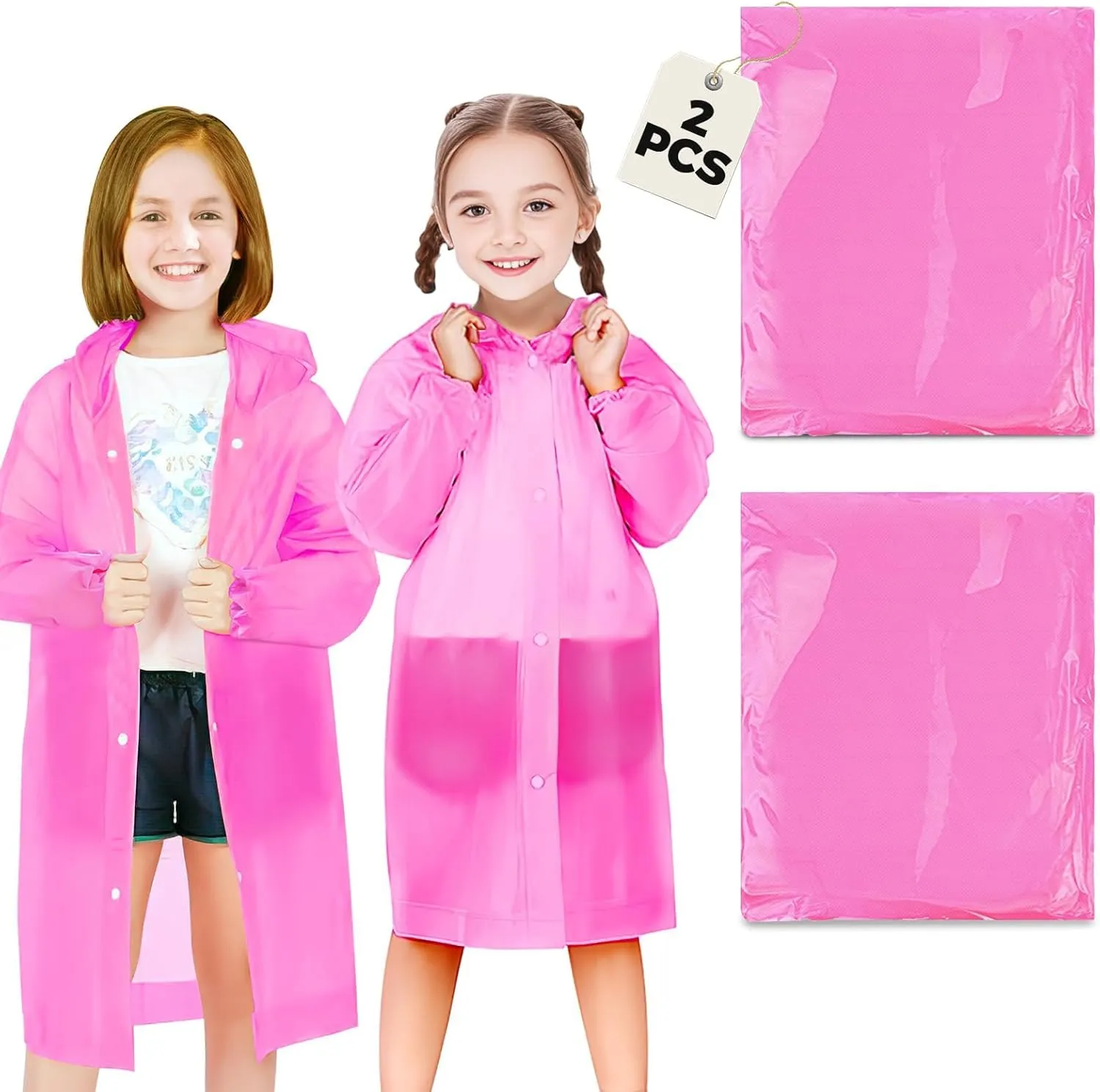 BFONS 2-3 Pack Rain Ponchos for Kids Reusable, EVA Raincoats for Boys Girls with Hood and Sleeves, Waterproof Rain Coat