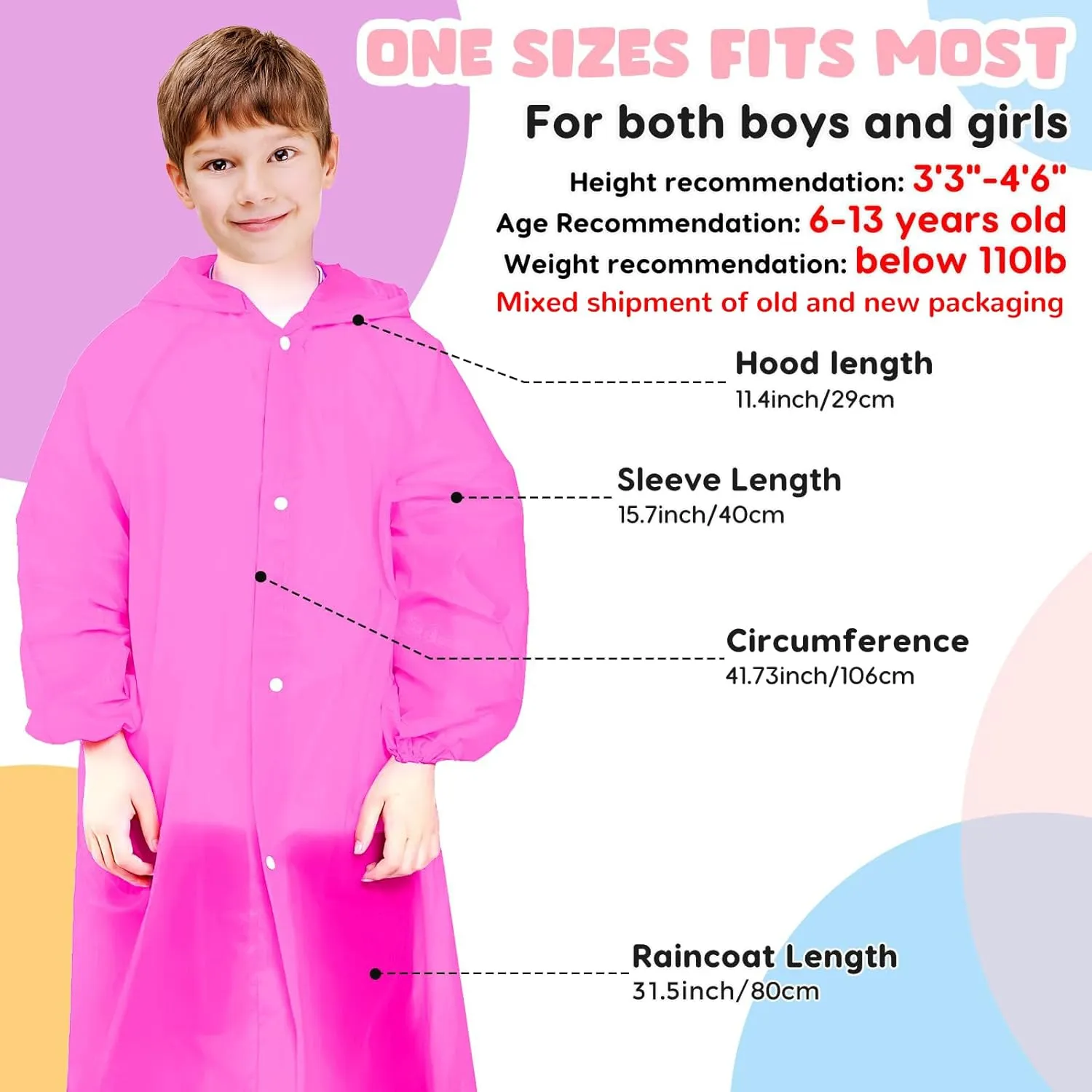 BFONS 2-3 Pack Rain Ponchos for Kids Reusable, EVA Raincoats for Boys Girls with Hood and Sleeves, Waterproof Rain Coat