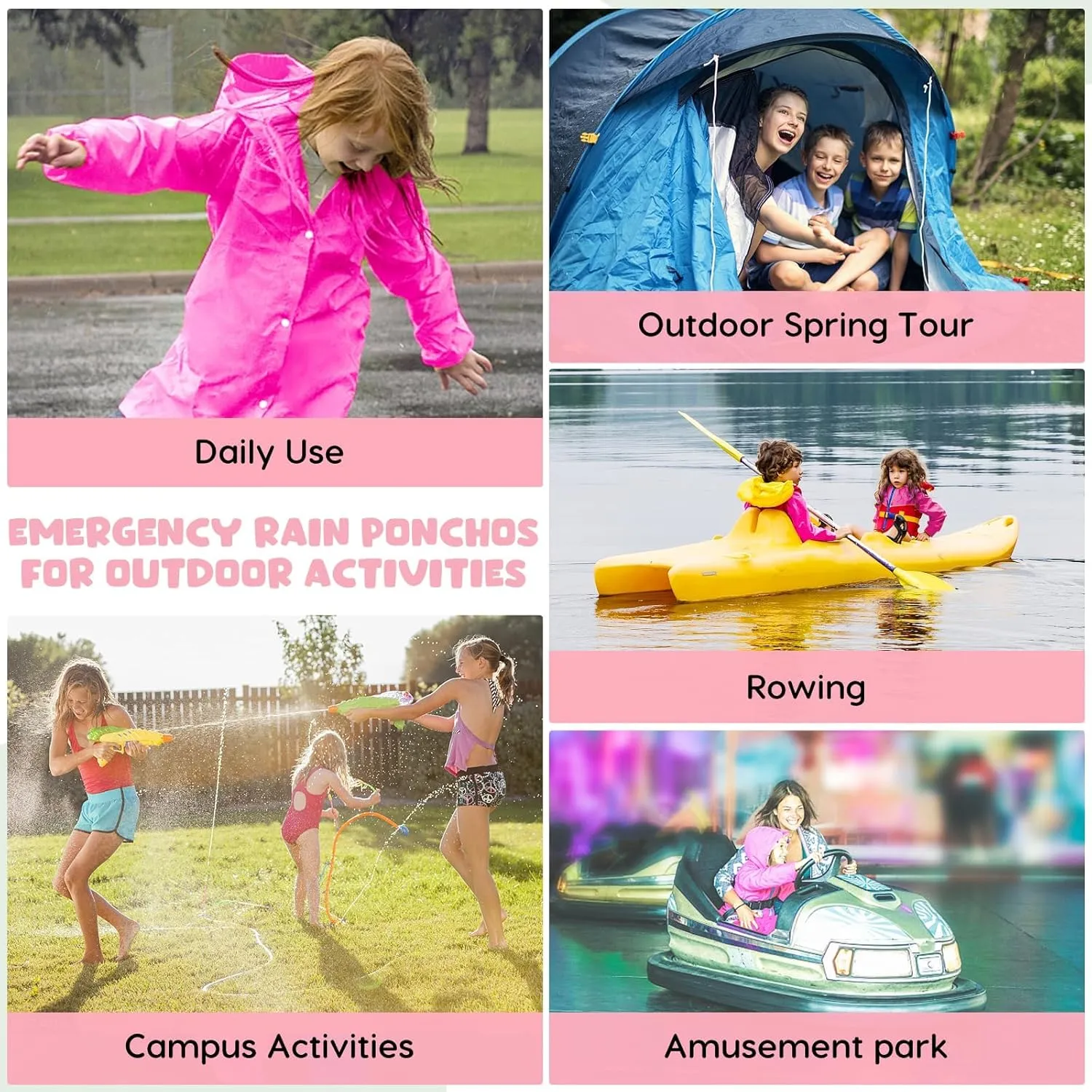 BFONS 2-3 Pack Rain Ponchos for Kids Reusable, EVA Raincoats for Boys Girls with Hood and Sleeves, Waterproof Rain Coat