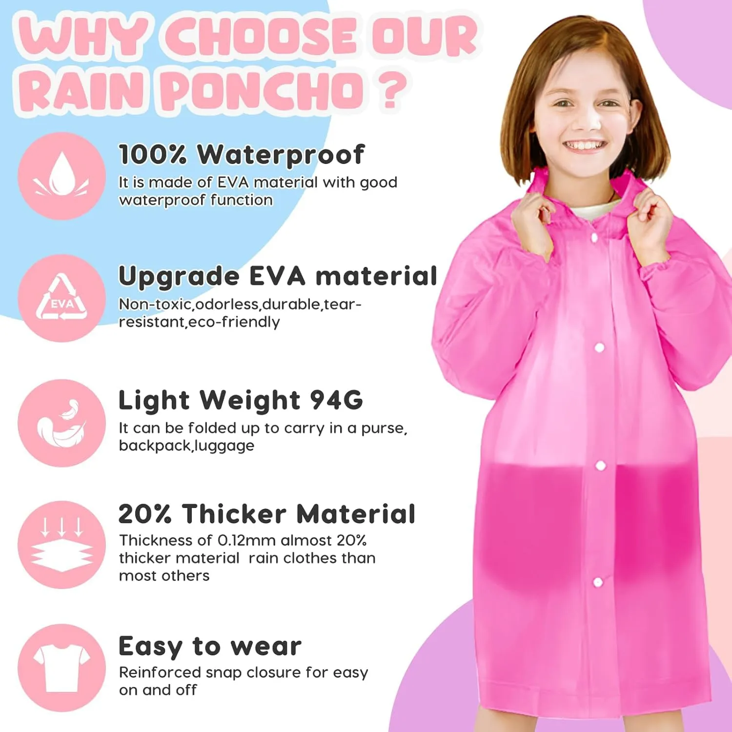 BFONS 2-3 Pack Rain Ponchos for Kids Reusable, EVA Raincoats for Boys Girls with Hood and Sleeves, Waterproof Rain Coat