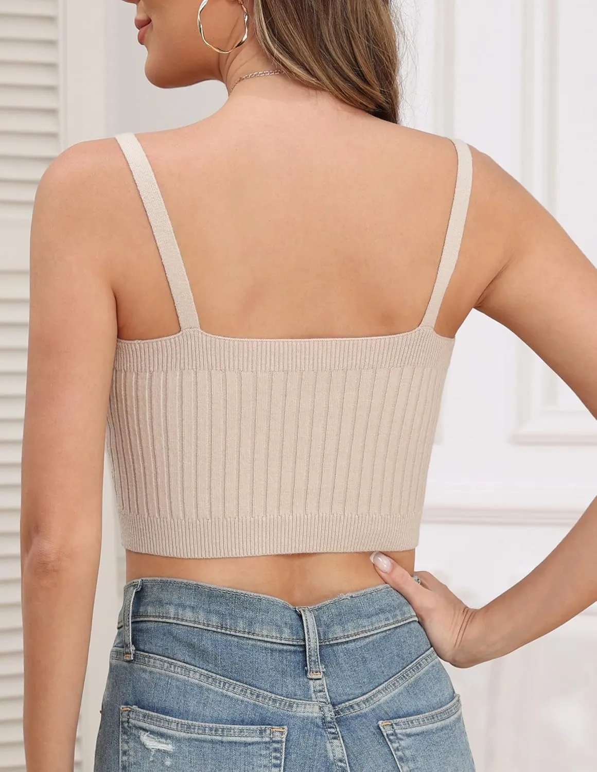 Bluetime Women's Summer Ribbed Knit Tops 2024 Sleeveless V Neck Cami Shirts Spaghetti Strap Basic Crop Tank Tops
