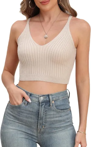 Bluetime Women's Summer Ribbed Knit Tops 2024 Sleeveless V Neck Cami Shirts Spaghetti Strap Basic Crop Tank Tops