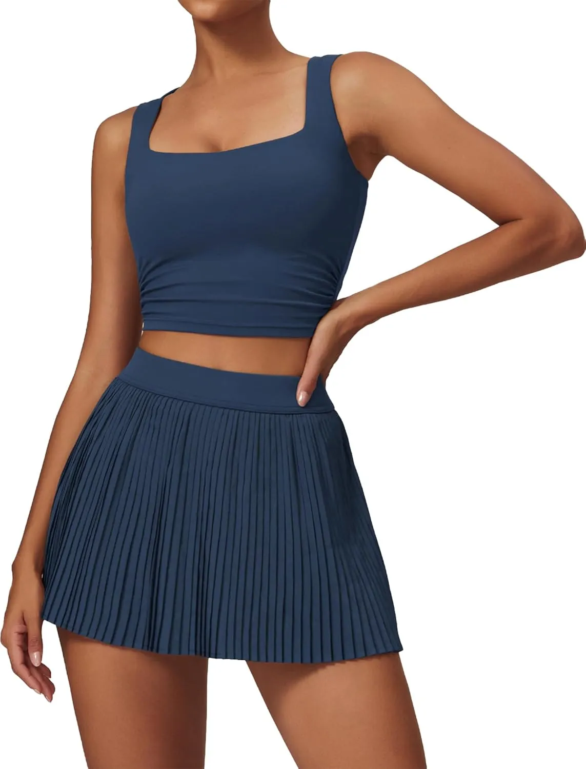 BOCIW 2 Piece Tennis Dresses for Women High Waisted Pleated Skirt Sets Square Neck Workout Crop Tank Tops Golf Outfits