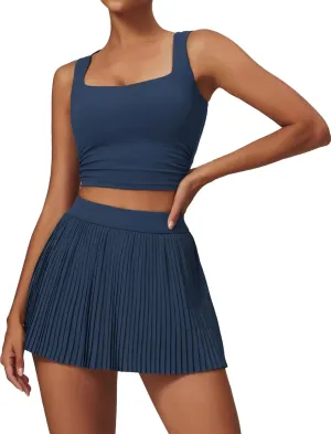 BOCIW 2 Piece Tennis Dresses for Women High Waisted Pleated Skirt Sets Square Neck Workout Crop Tank Tops Golf Outfits