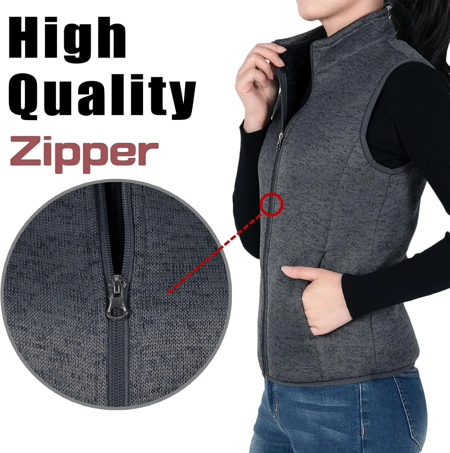 Bonnorth Women's Zip Up Sweater Fleece Vest, Sherpa Lined Windproof Warm Vest with Pocket