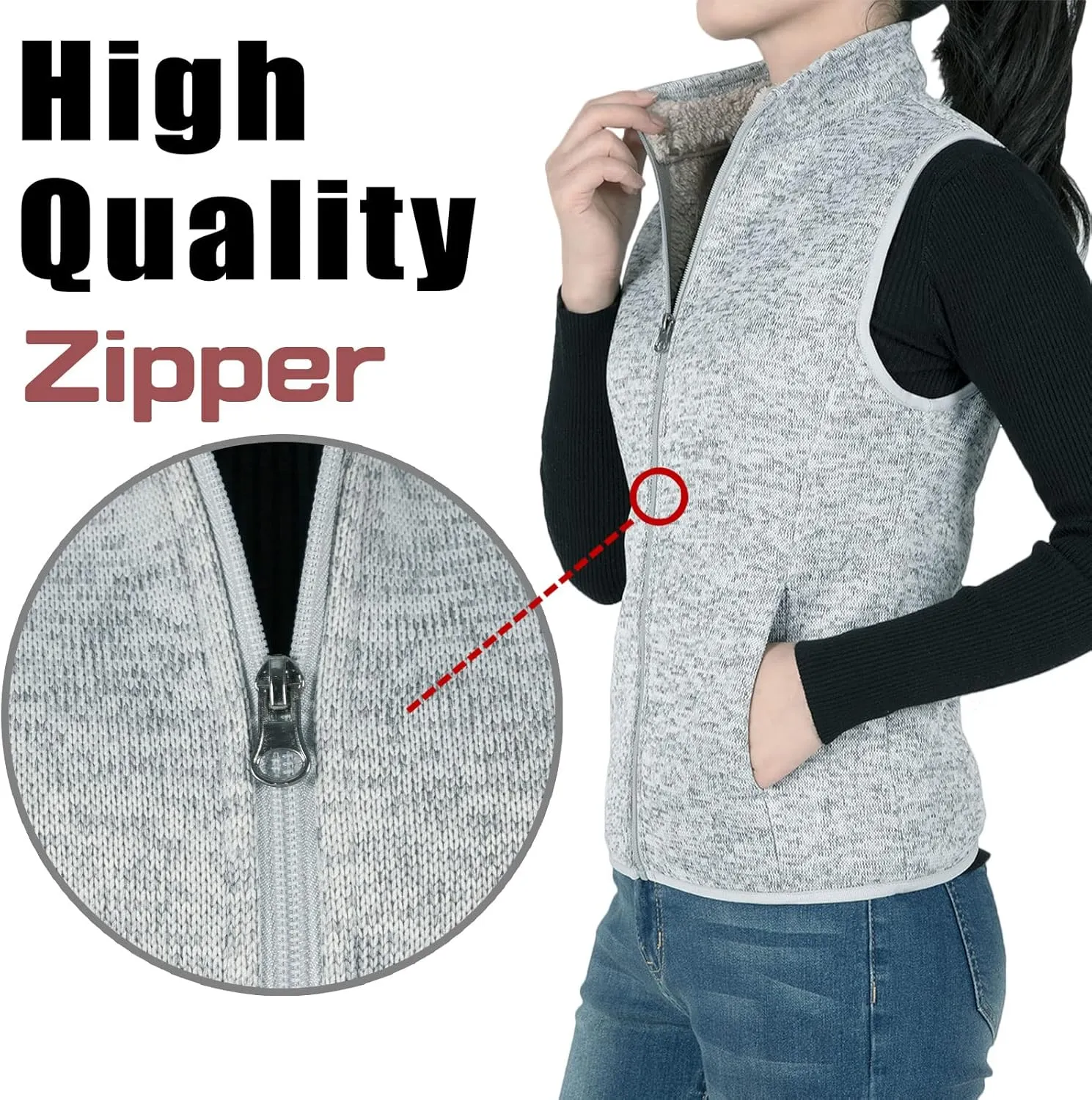 Bonnorth Women's Zip Up Sweater Fleece Vest, Sherpa Lined Windproof Warm Vest with Pocket