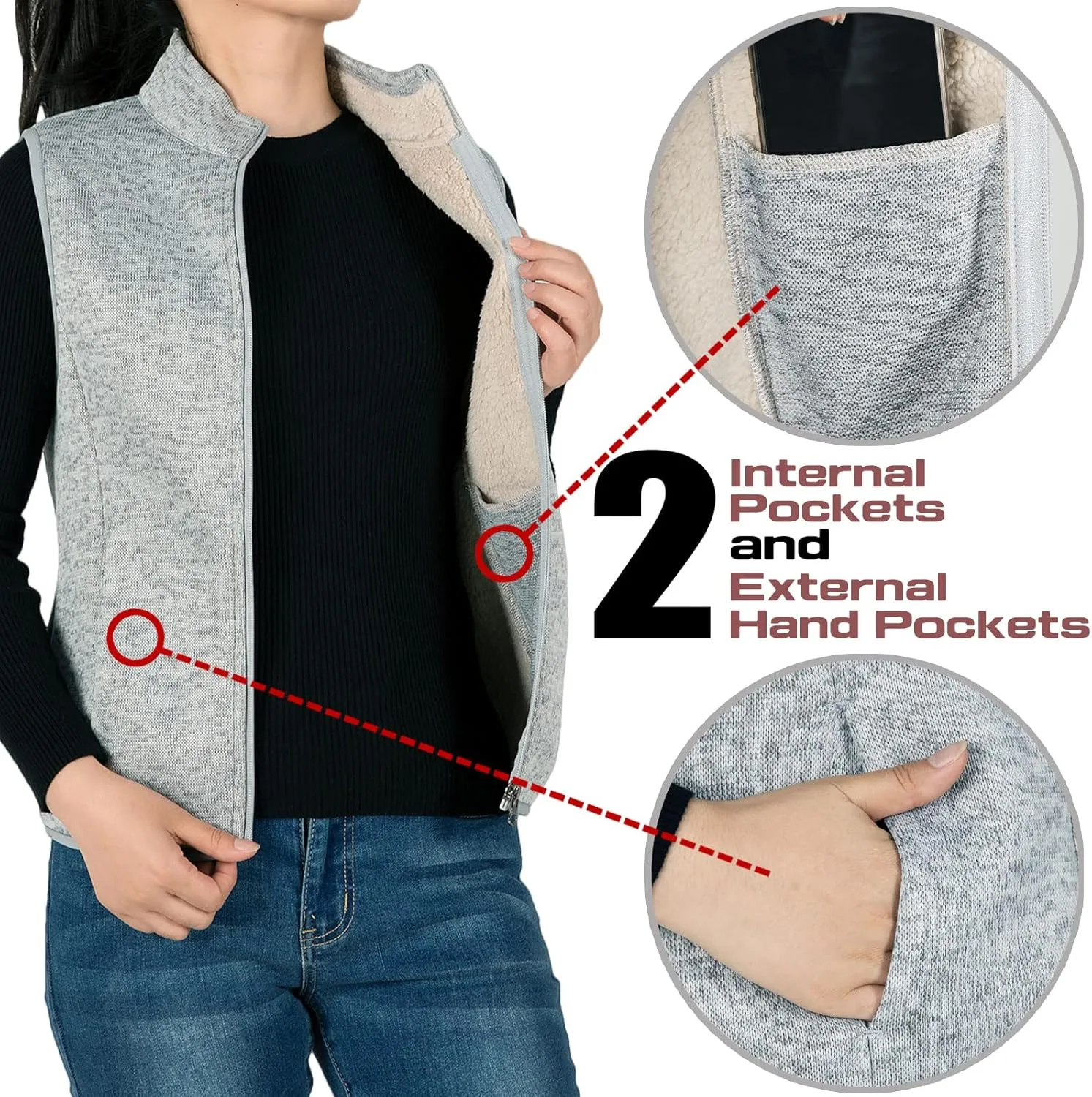 Bonnorth Women's Zip Up Sweater Fleece Vest, Sherpa Lined Windproof Warm Vest with Pocket