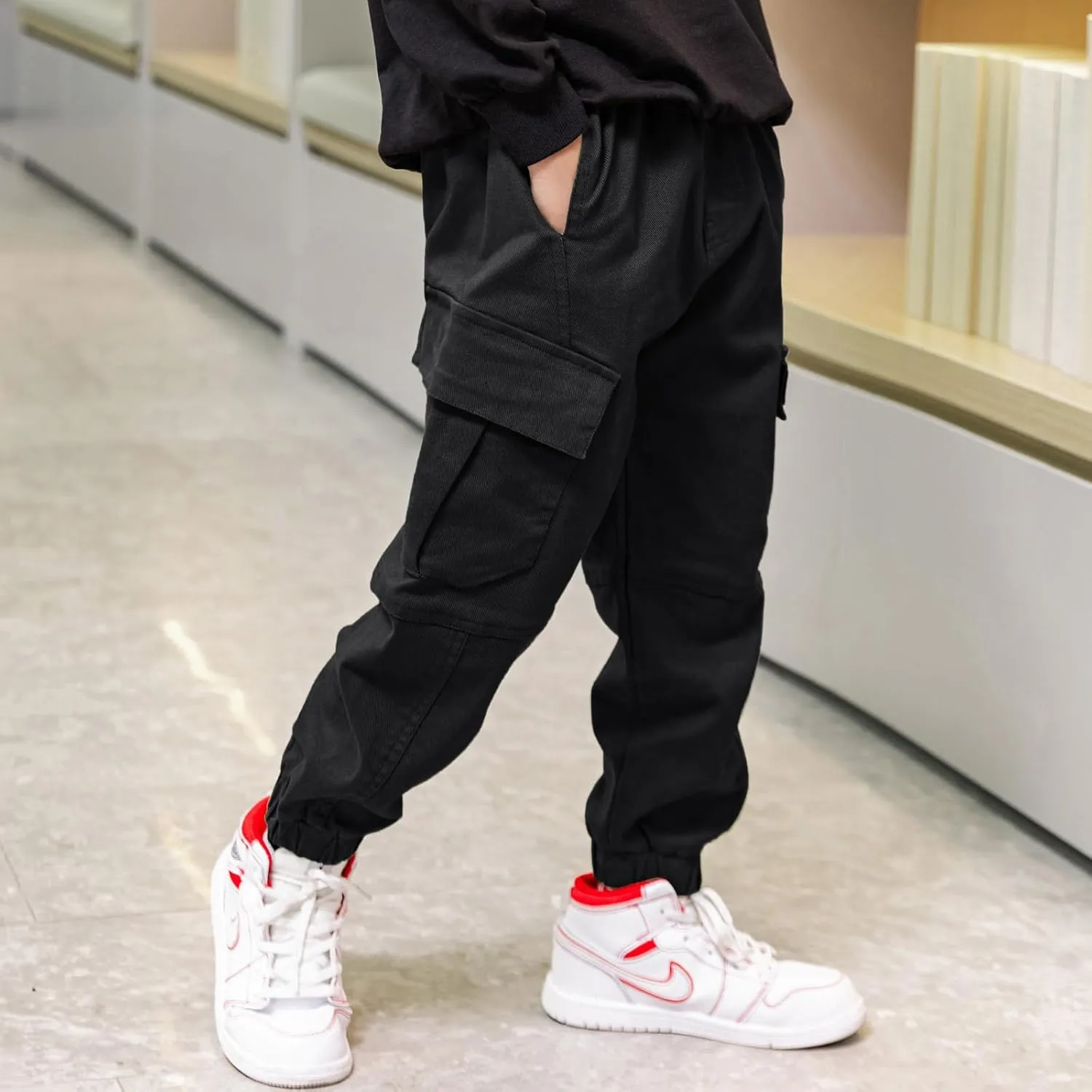 Boys Cargo Pants Cotton Casual Pants Elastic Waist Hiking School Uniform Sweatpants Joggers