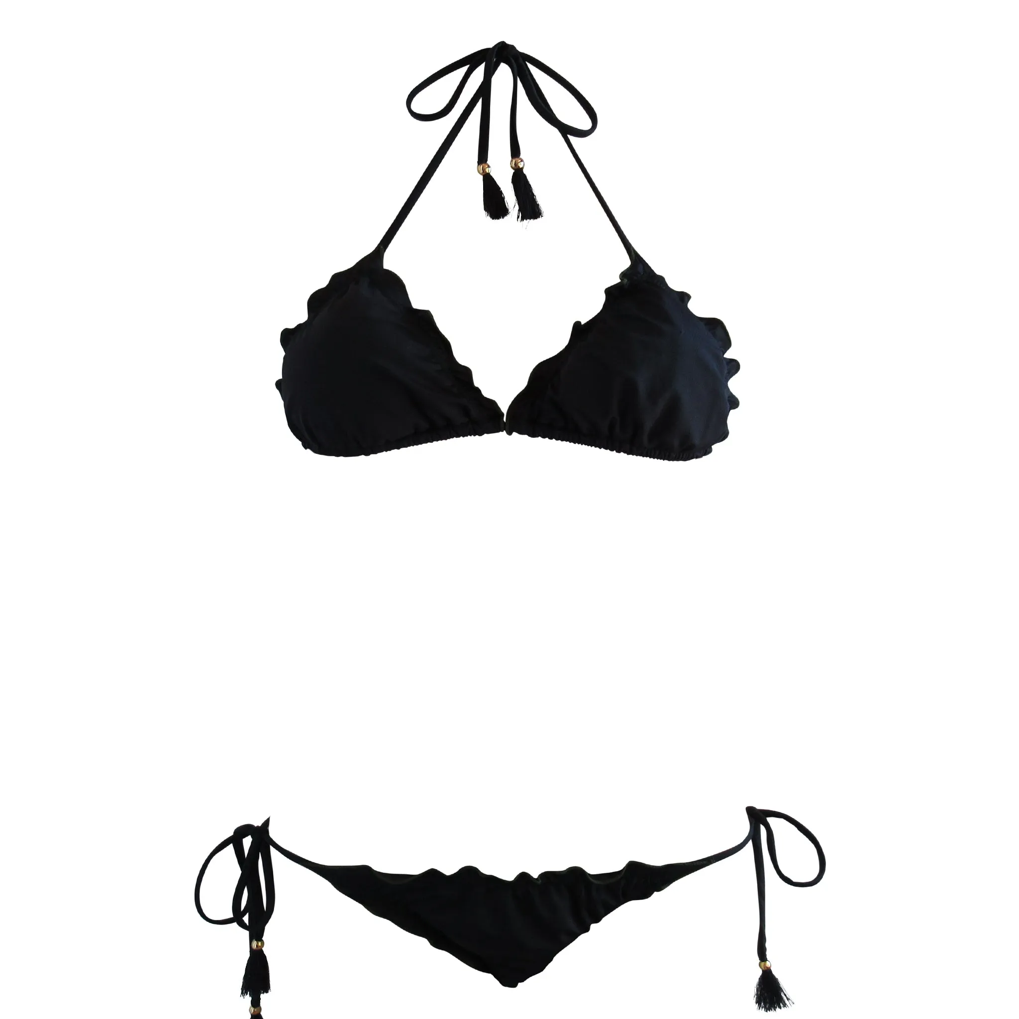 Brigitte Ripple Triangle String Bikini - Black and Army Green