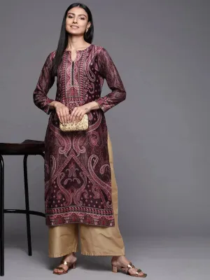 Burgundy Printed Velvet Straight Kurta