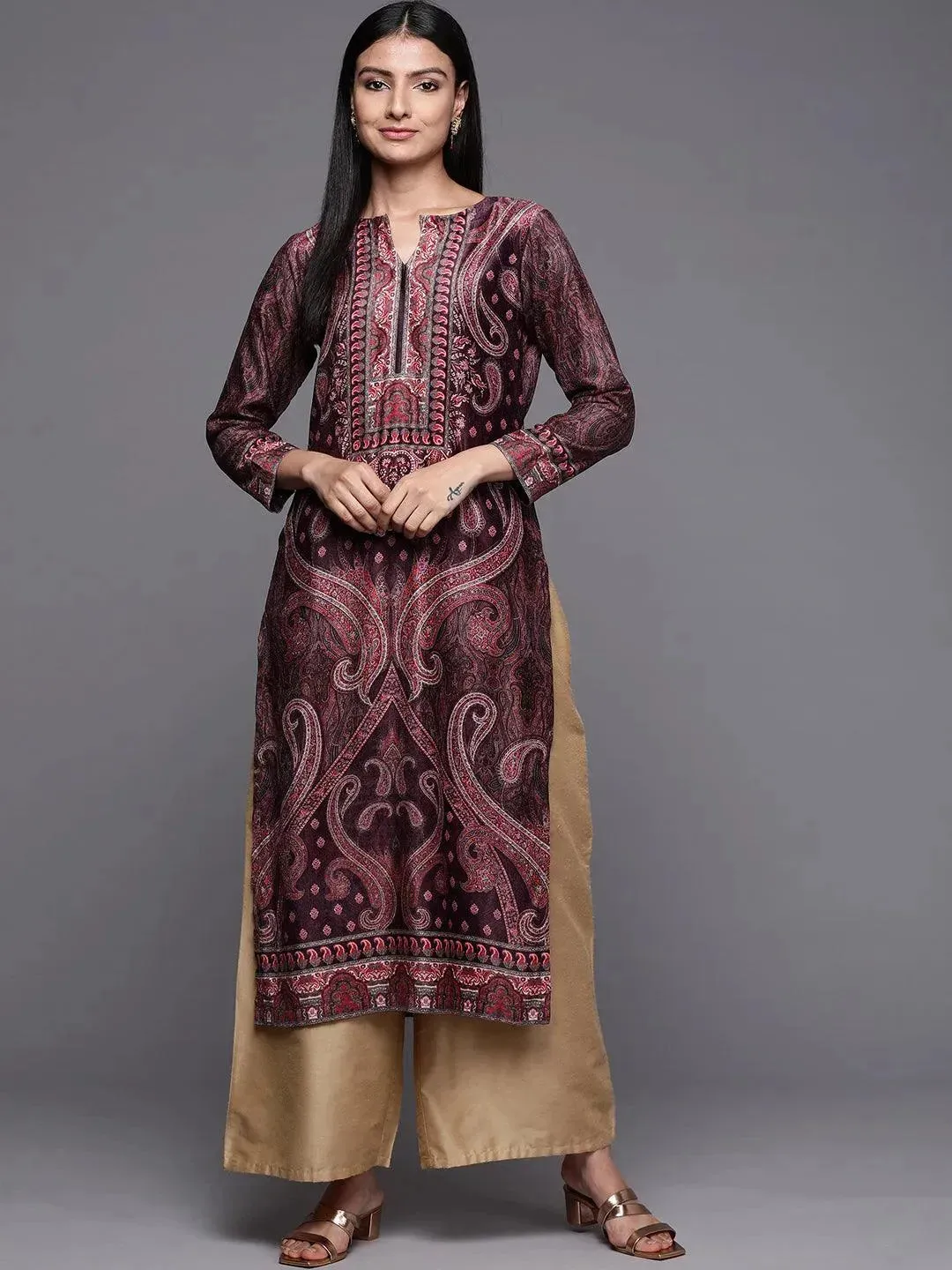 Burgundy Printed Velvet Straight Kurta