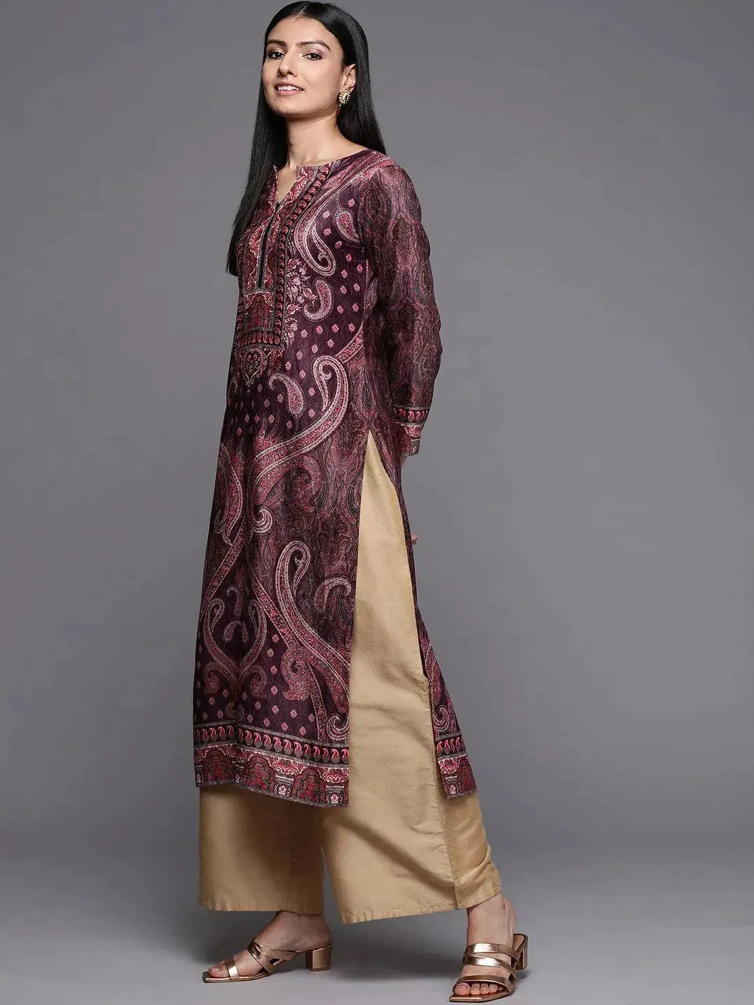 Burgundy Printed Velvet Straight Kurta