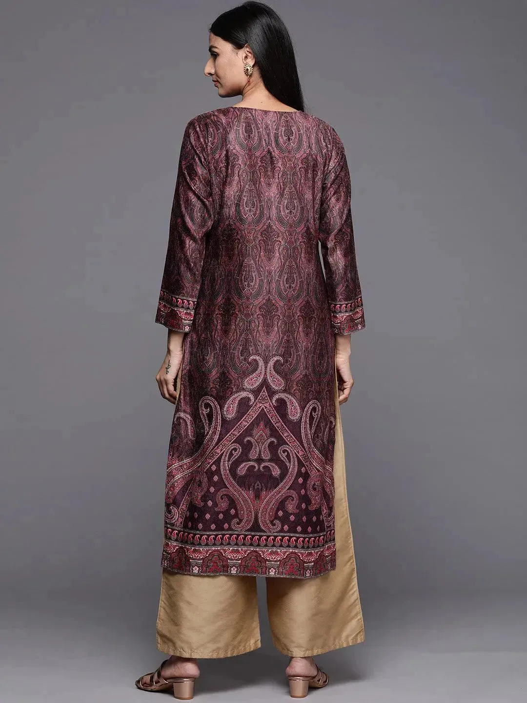 Burgundy Printed Velvet Straight Kurta