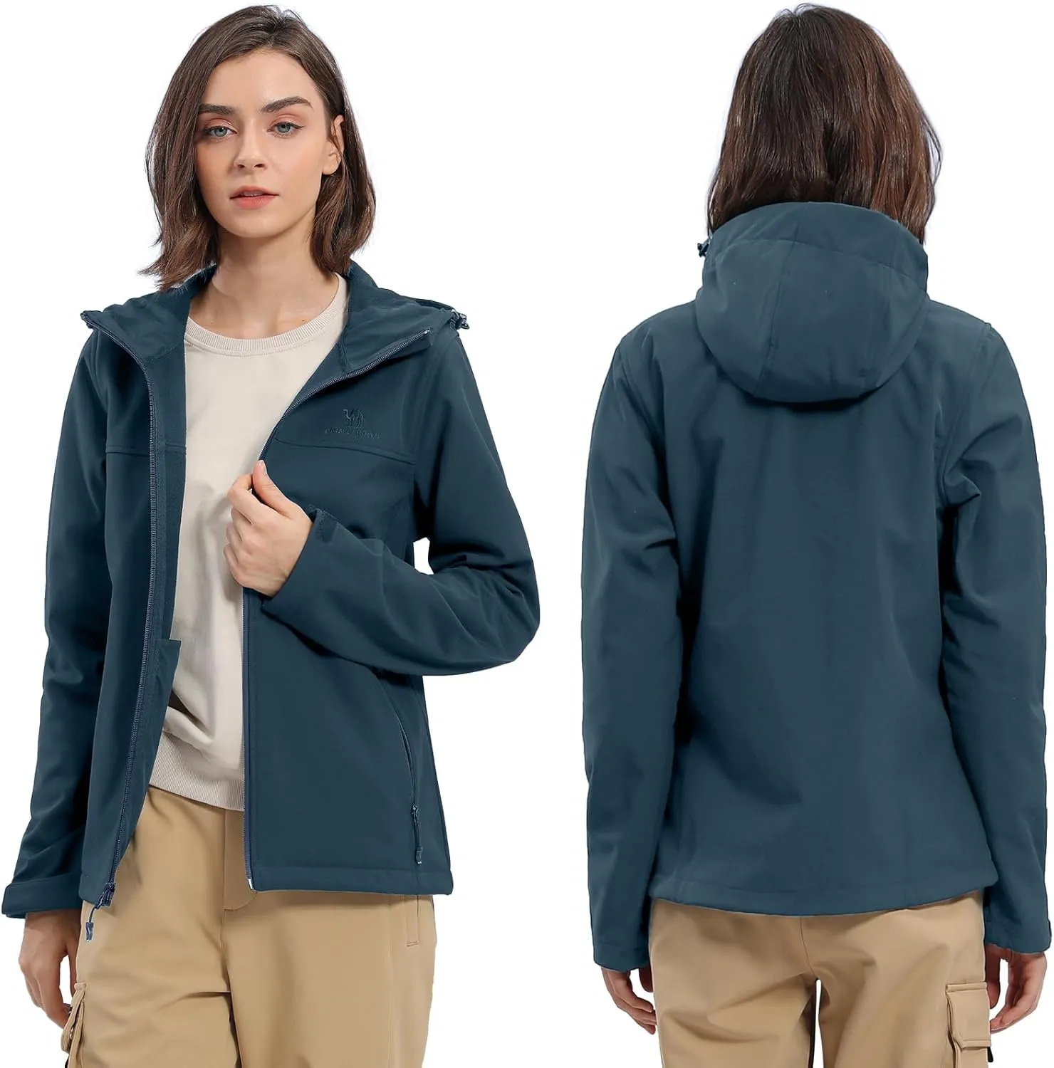 CAMEL CROWN Womens Fleece Lined Softshell Jacket Hooded Waterproof Windproof Lightweight Insulated Winbreaker Hiking Camping