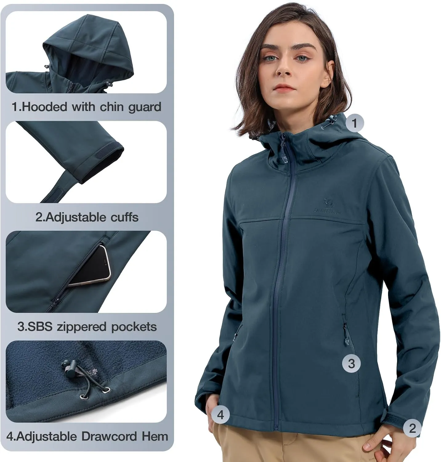 CAMEL CROWN Womens Fleece Lined Softshell Jacket Hooded Waterproof Windproof Lightweight Insulated Winbreaker Hiking Camping