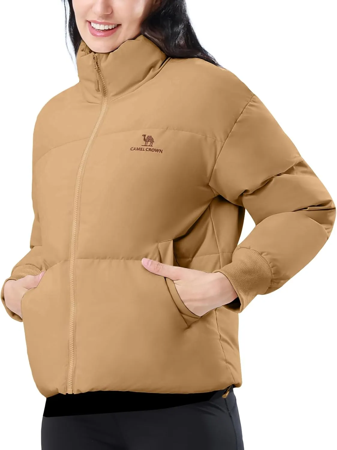 CAMELSPORTS Women's Winter Quilted Puffer Jacket Stand Collar Zip Coat Cropped Pockets Baggy Windproof Warm Parka