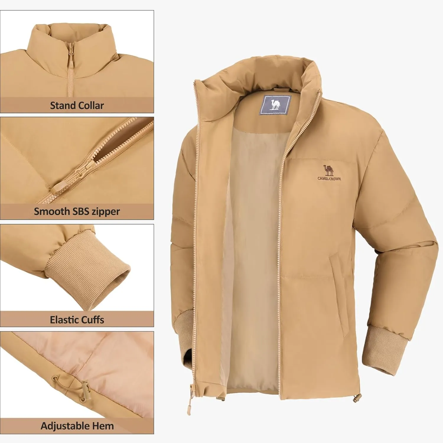CAMELSPORTS Women's Winter Quilted Puffer Jacket Stand Collar Zip Coat Cropped Pockets Baggy Windproof Warm Parka