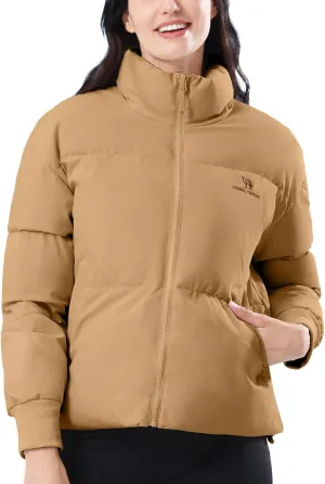 CAMELSPORTS Women's Winter Quilted Puffer Jacket Stand Collar Zip Coat Cropped Pockets Baggy Windproof Warm Parka