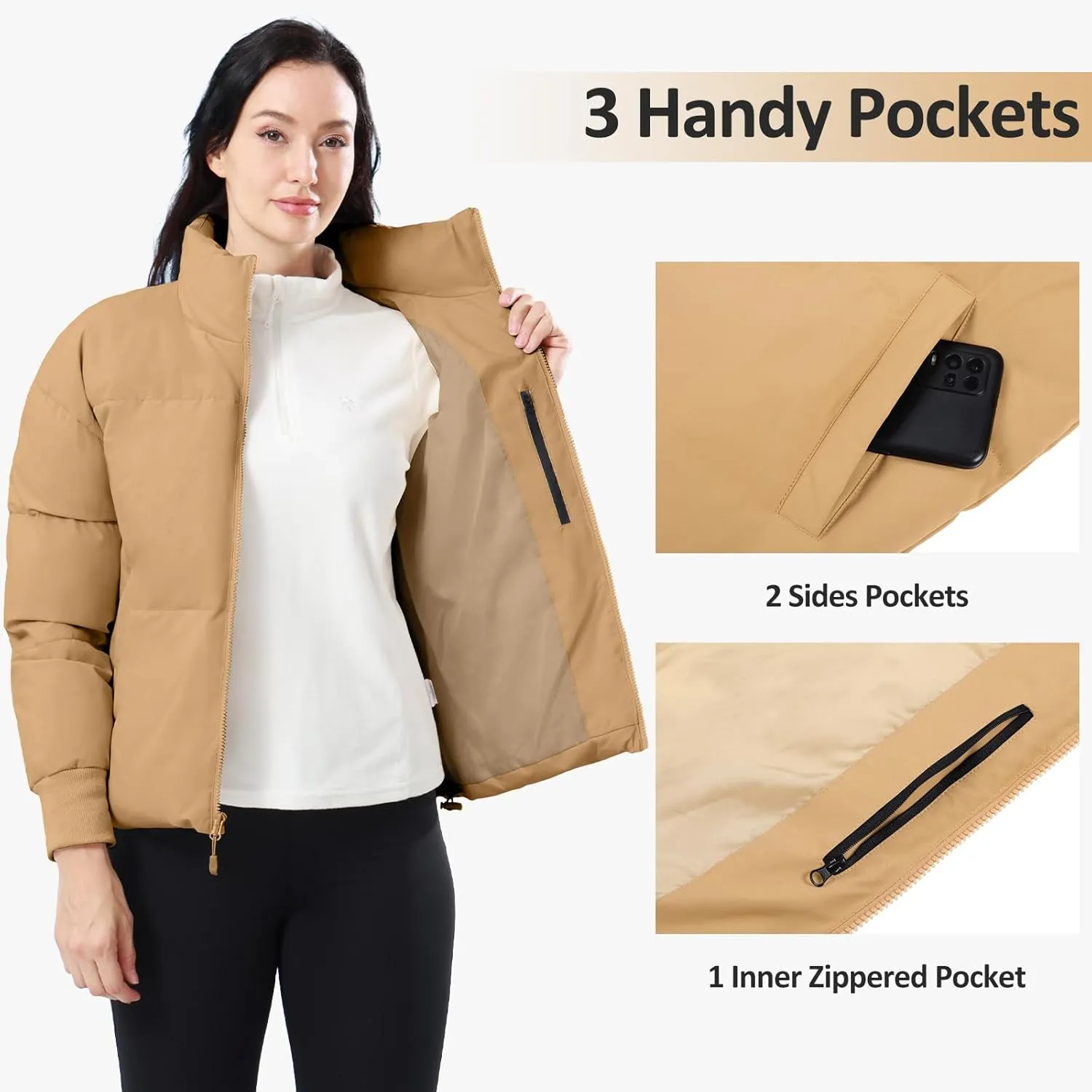 CAMELSPORTS Women's Winter Quilted Puffer Jacket Stand Collar Zip Coat Cropped Pockets Baggy Windproof Warm Parka