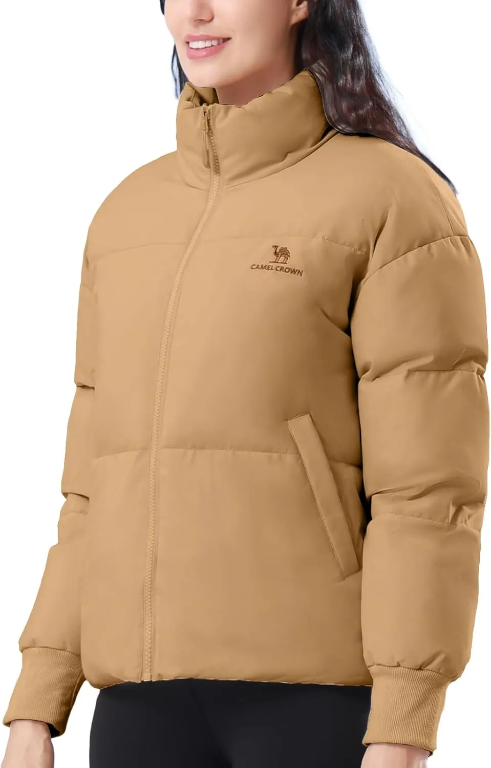 CAMELSPORTS Women's Winter Quilted Puffer Jacket Stand Collar Zip Coat Cropped Pockets Baggy Windproof Warm Parka