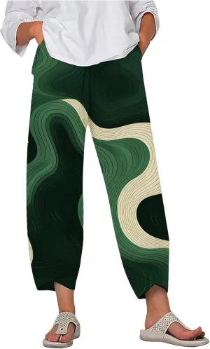 Capri Linen Pants for Women Summer Casual Wide Leg Pants Loose Fit Palazzo Trousers Elastic Waist Cropped Trousers