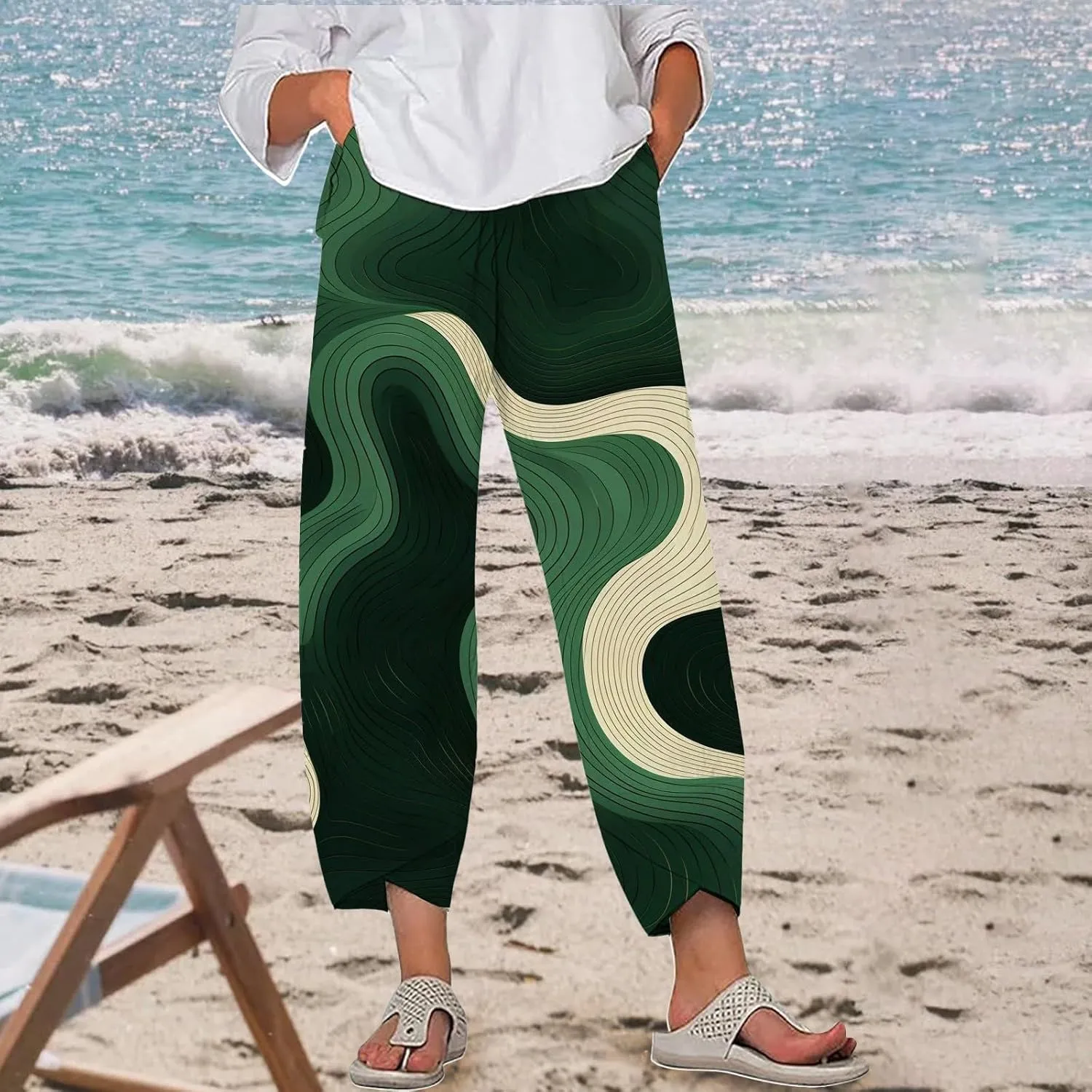 Capri Linen Pants for Women Summer Casual Wide Leg Pants Loose Fit Palazzo Trousers Elastic Waist Cropped Trousers