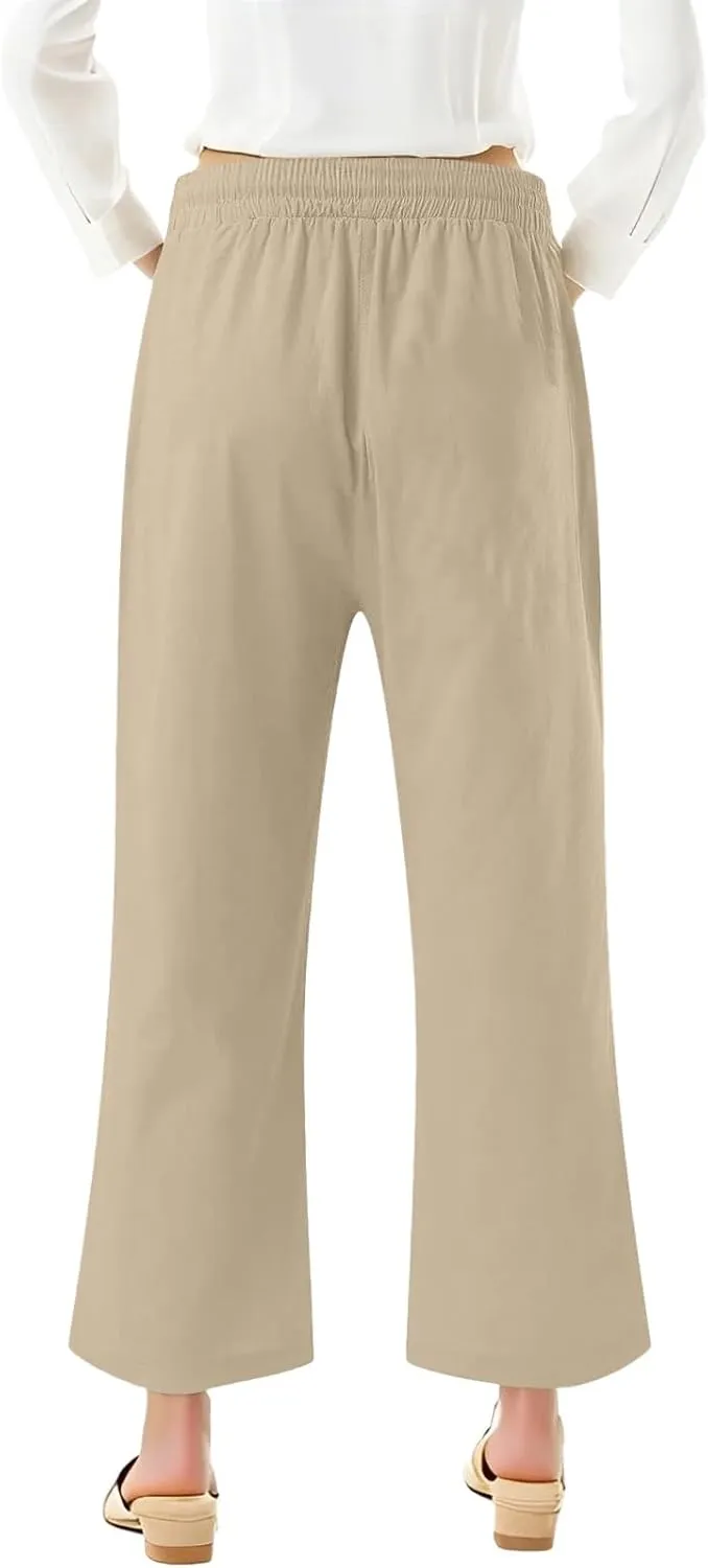 Capri Pants for Women 2025 Summer - Cotton Linen Wide Leg Cropped Trouser, Elastic Waist & Drawstring