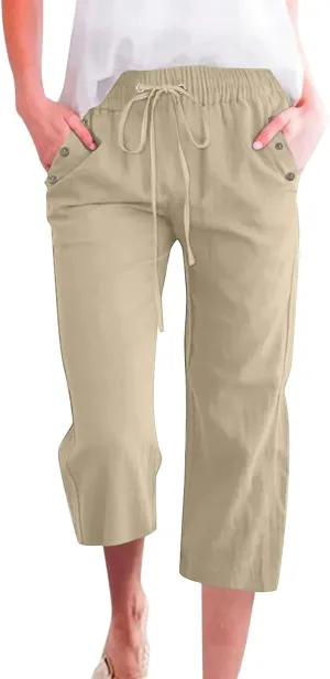 Capri Pants for Women 2025 Summer - Cotton Linen Wide Leg Cropped Trouser, Elastic Waist & Drawstring