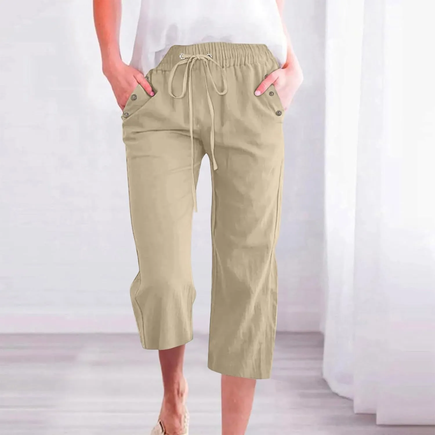 Capri Pants for Women 2025 Summer - Cotton Linen Wide Leg Cropped Trouser, Elastic Waist & Drawstring