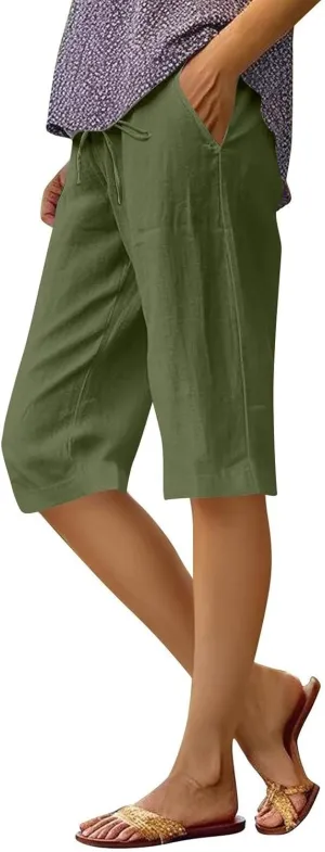 Capri Pants for Women Casual Summer Drawstring Elastic Waist Linen Pant Straight Wide Leg Pocket Cropped Trouser